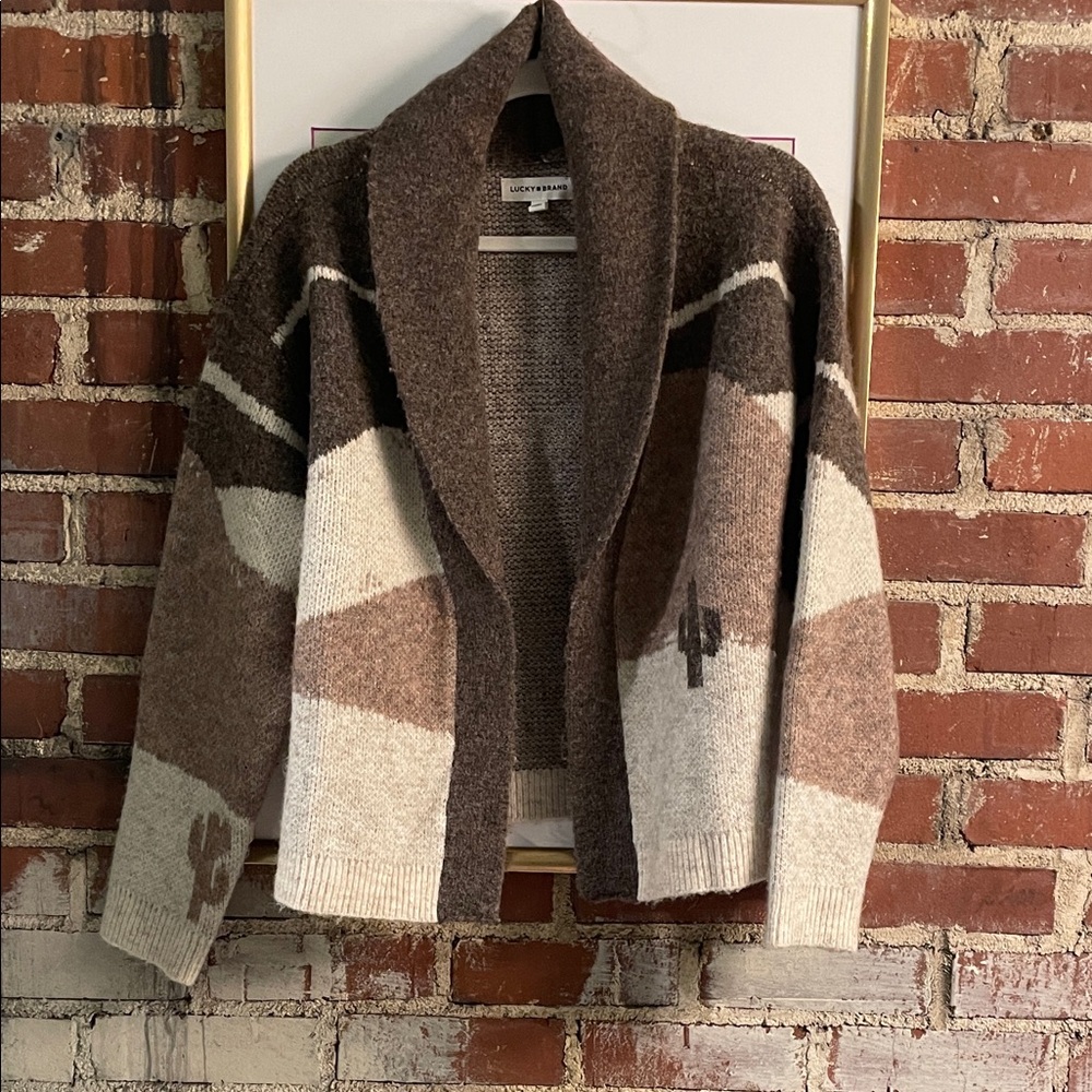 Lucky Brand Brown & Cream Geometric Open Cardigan